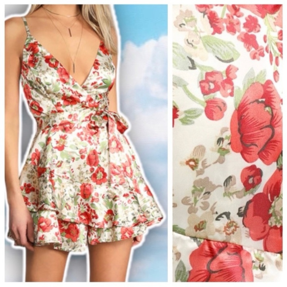 LULUS Love That Blooms Satin Ruffled Romper Skort Floral Cottagecore Prairie